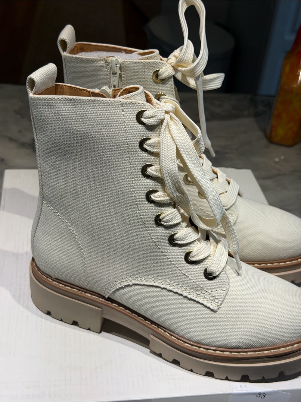 Lace-Up Cream Canvas Ankle Boots with Side Zipper